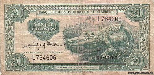 Rwanda-Burundi, P-3, 20 Francs, 1960, Krokodil.jpg