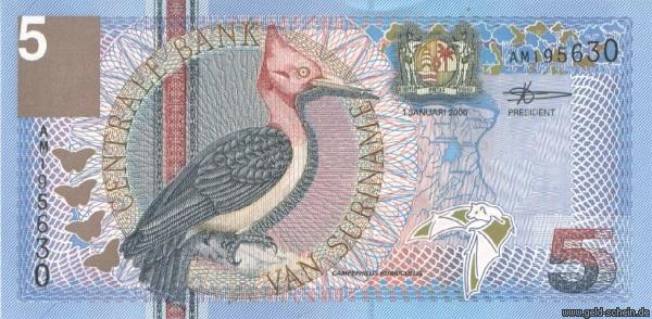 Suriname, P-146, 5 Gulden, 2000, stilisierte Fledermaus (Vampyr).jpg