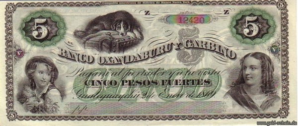 Argentinien, P-S1792, 5 Pesos Fuertes, 1869, Banco Oxandaburu y Garbino, Hund.jpg