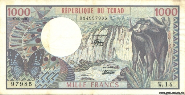 Tschad, P-7, 1.000 Francs, 1980 - 1984, Kafferbüffel .jpg