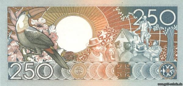 Suriname, P-134, 250 Gulden, 1986 - 1988, Tukan.jpg