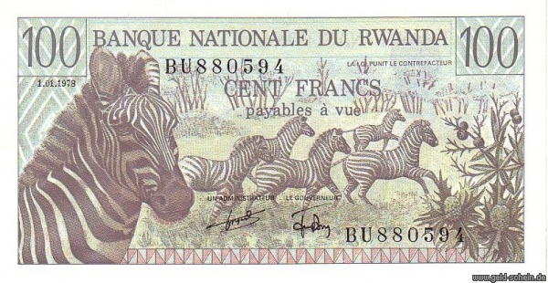 Rwanda, P-12a, 100 Francs, 1978, Zebras .jpg